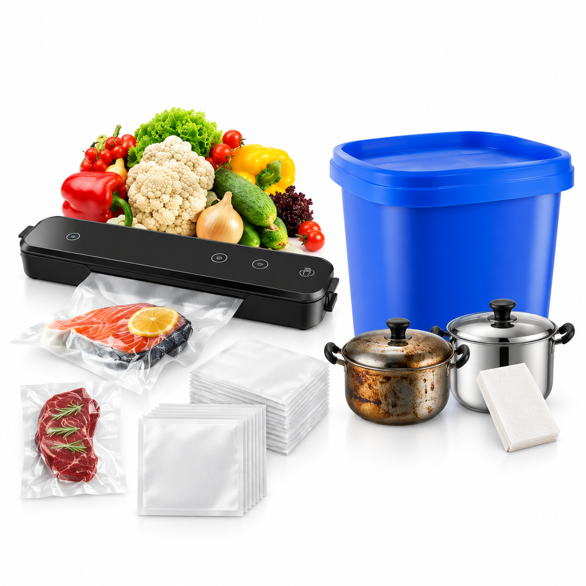 Selladora al Vacío para Alimentos + 10 Bolsas y Limpiador Multiuso